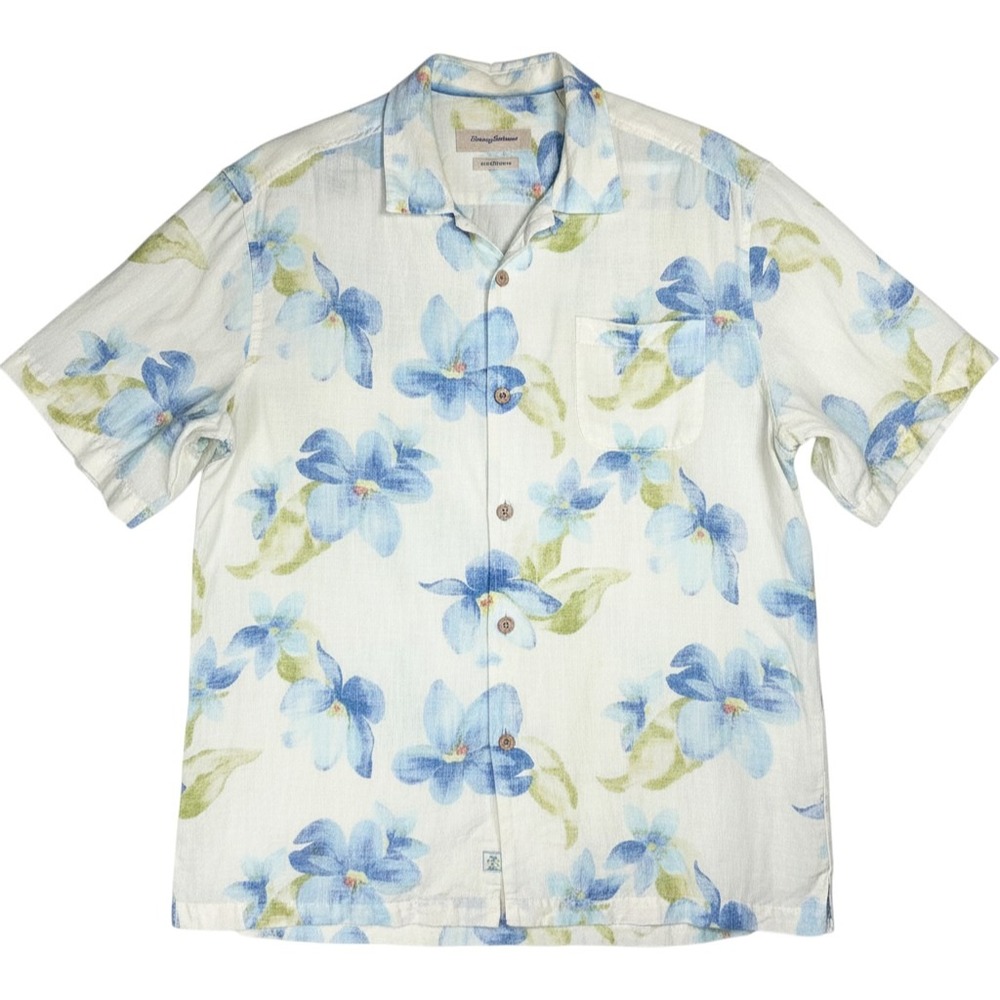 Tommy Bahama Floral Linen Shirt Mens Large Blue Cream T313772‎ Original Fit